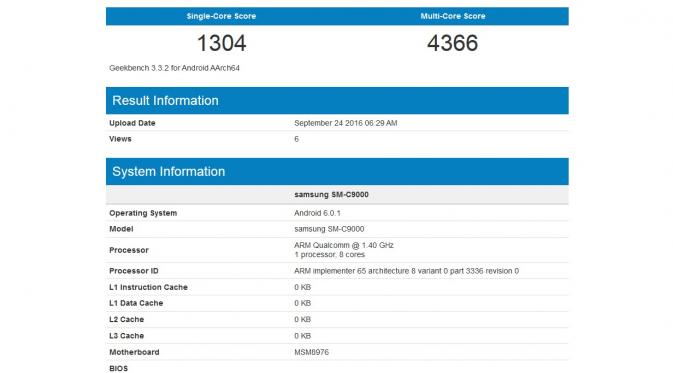 Galaxy C9 nongol di laman pengujian benchmark Geekbench (Sumber: Phone Arena)