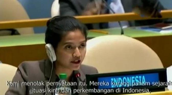 Nara Masista Rakhmatia mewakili Indonesia dalam sidang umum PBB menjawab pernyataan delegasi negara-negara kepulauan Pasifik.
