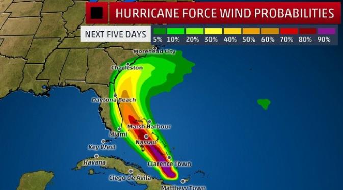 Dugaan kawasan terdampak badai Matthew. Tampak Key West terlindungi dari badai. (Sumber weather.com)