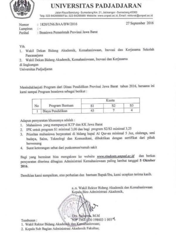Surat beasiswa Universitas Padjajaran yang menuai kontroversi. (Via: twitter.com/inggita)