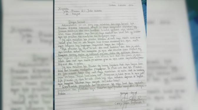 Surat Ryan Jombang untuk Presiden Jokowi. (Ist)