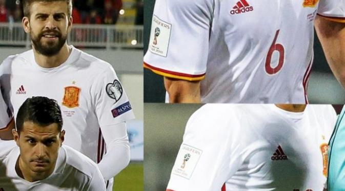 Jersey kontroversial Gerard Pique saat Timnas Spanyol melawan Albania. (istimewa)