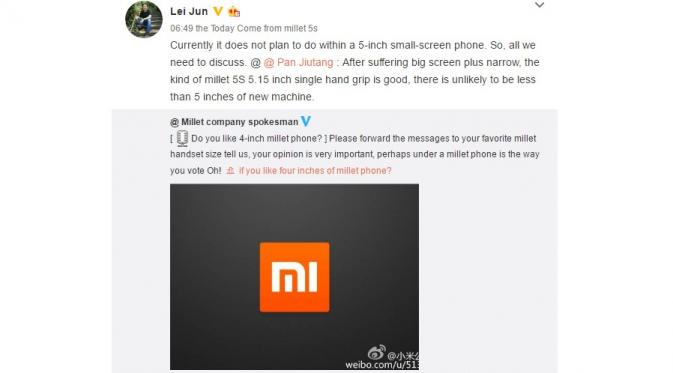 Dalam akun Weibo-nya, CEO Xiaomi Lei Jun menyebut perusahaan tak berencana meluncurkan smartphone dengan layar di bawah 5 inci (Sumber: Gizmochina)