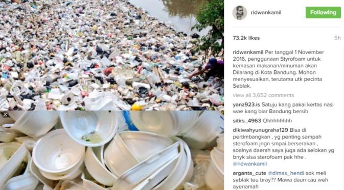 Mulai 1 November, Ridwan Kamil melarang pemakaian styrofoam untuk kemasan makanan dan minuman di Kota Bandung. (via: Instagram/Ridwan Kamil).