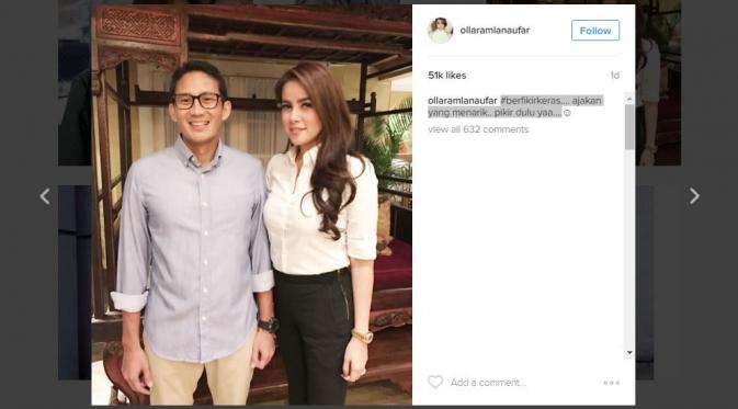 Olla Ramlan mengunggah foto bersama Sandiaga Uno yang mengundang banyak pertanyaan. 