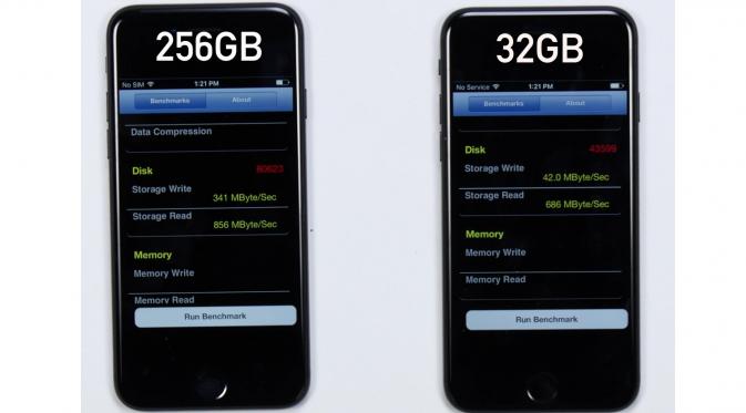 Perbedaan kecepatan penulisan dan pembacaan data pada iPhone 7 versi 256GB dan 32GB (Sumber: Business Insider)