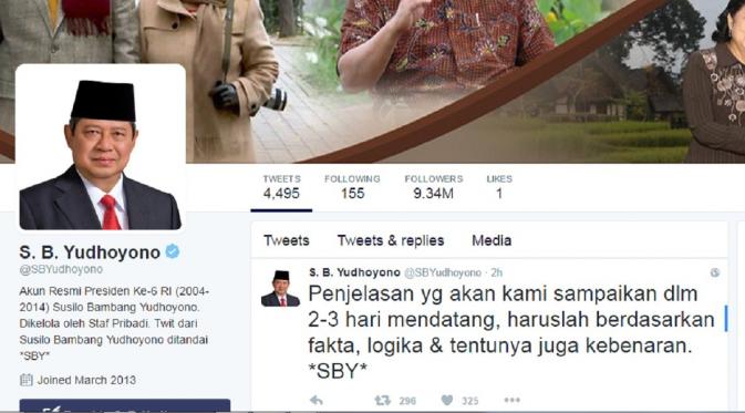 Mantan Presiden SBY akan menyampaikan penjelasan terkait dokumen TPF kasus Munir dalam 2-3 hari mendatang. (Screenshot Twitter, akun @SBYudhoyono)