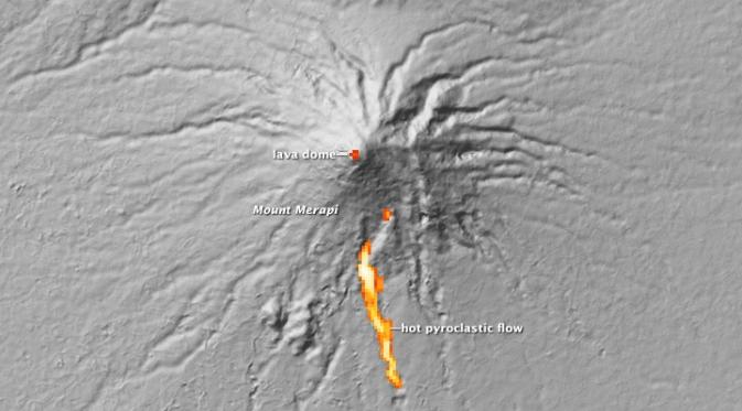 Peta tiga dimensi yang memperkirakan aliran lava erupsi Merapi 2010 (NASA)