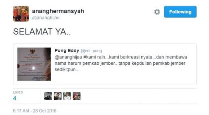Kicauan Anang Hermansyah di Twitter tak lama setelah anak keduanya bersama Ashanty lahir. (Twitter)