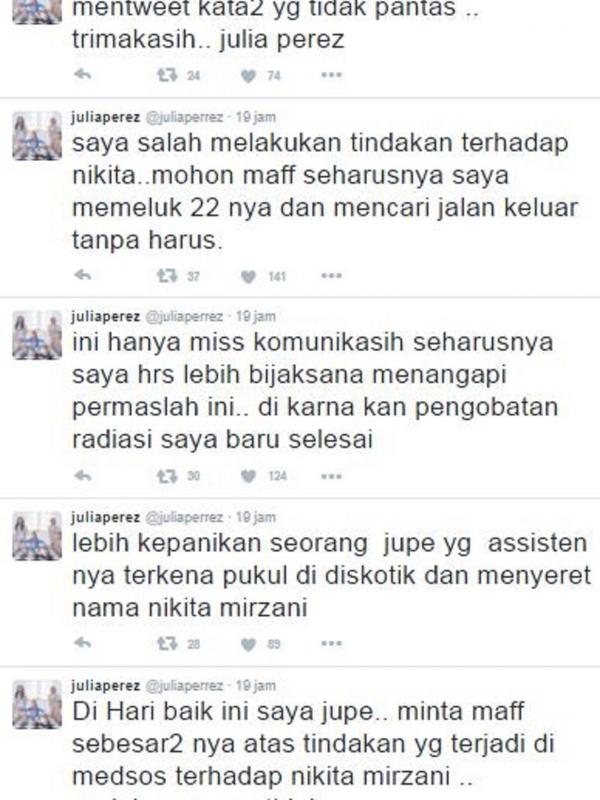 Permintaan maaf Julia Perez kepada Nikita Mirzani melalui Twitter (Twitter/@juliaperrezz)