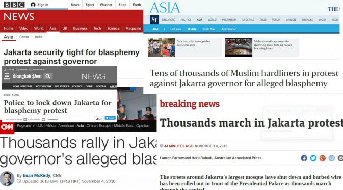 Media asing memantau demo damai 4 November di Jakarta. (Berbagai Sumber)