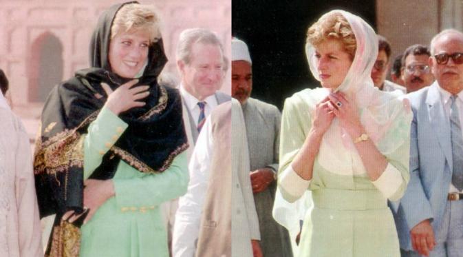 Putri Diana saat mengunjungi Masjid Badshahi di Pakistan (kanan) dan Masjid Al-Azhar di Kairo, Mesir (Daily Mail)