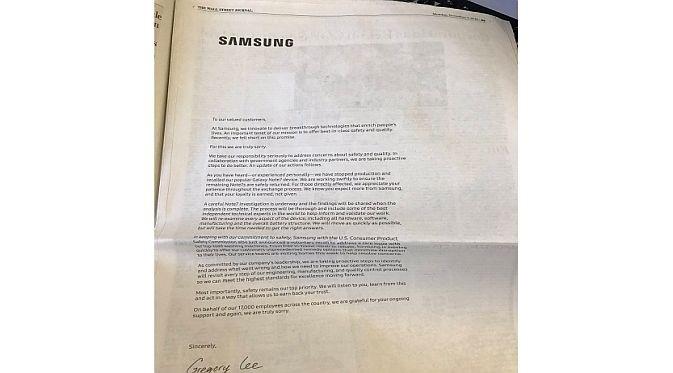 Samsung memasang iklan permintaan maaf terkait Galaxy Note 7 di tiga surat kabar besar AS (Foto: Phone Arena)