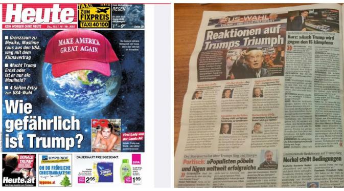 Tampilan cover koran Heute edisi 10 November 2016 menampilkan grafis unik terkait Donald Trump. (Liputan6.com/Reza Khomaini)