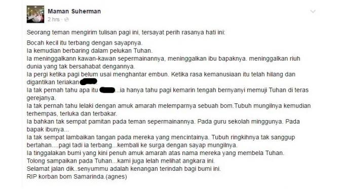 Tulisan seorang netizen untuk Intan Olivia Marbun. (Via: facebook.com/maman1965)