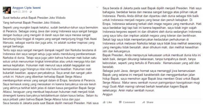 Surat terbuka Anggun C Sasmi untuk Presiden Jokowi. (via Facebook)