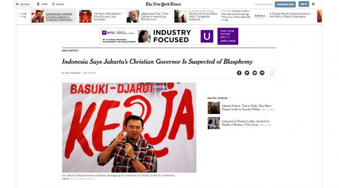 Sejumlah media internasional turut memberitakan Ahok jadi tersangka. (Foto: bintang.com)