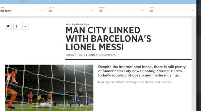 Judul pemberitaan mengenai Lionel Messi di situs resmi Manchester City. (Manchester City).