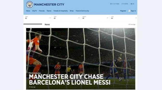 Judul pemberitaan mengenai Lionel Messi di situs resmi Manchester City. (Mirror).