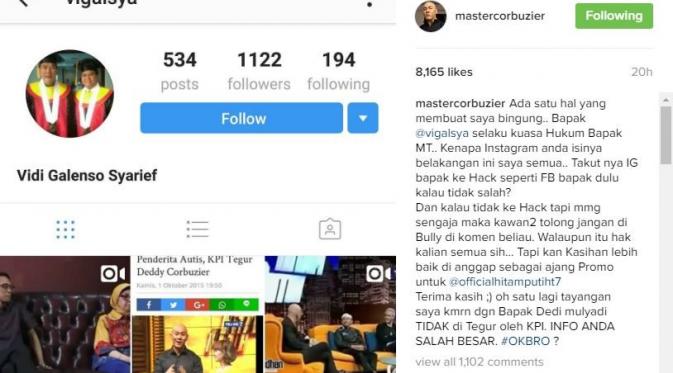 Deddy Corbuzier saat memajang halaman Instagram kuasa hukum Mario Teguh, Vidi Galenso Syarief. (Instagram - @mastercorbuzier)