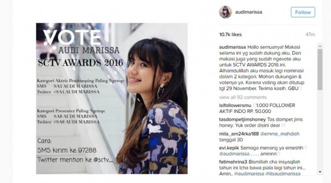Audi Marissa berhasil masuk 2 nominasi di SCTV Awards 2016. (Instagram/audimarissa)