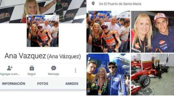 Cover photo Facebook yang memperlihatkan Ana Cabanillas Vazquez sebagai fans MotoGP. Dia terlihat pernah berfoto dengan Marc Marquez dan Valentino Rossi. (Facebook)