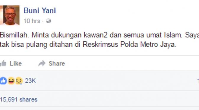 Unggahan Buni Yani yang meminta dukungan netizen. (Buni Yani/Facebook)