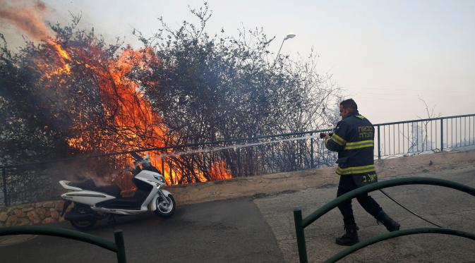 Kebakaran hutan yang terjadi di banyak wilayah Israel, diperburuk dengan kondisi yang kering dan angin kencang, menghanguskan banyak rumah hingga memaksa ribuan orang mengungsi Haifa, Israel, Kamis (24/11). (REUTERS / Baz Ratner)