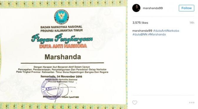 Marshanda jadi Duta Anti Narkoba Provinsi Kalimantan Timur (Instagram/@marshanda99)