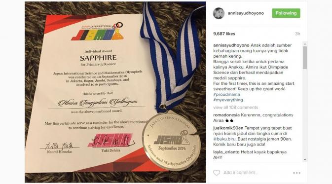 Almira Tunggadewi Yudhoyono raih medali usai mengikuti olimpiade science dan mathematics.