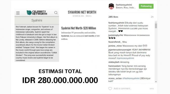 Rich Celebs mengungkap jumlah kekayaan milik Syahrini.