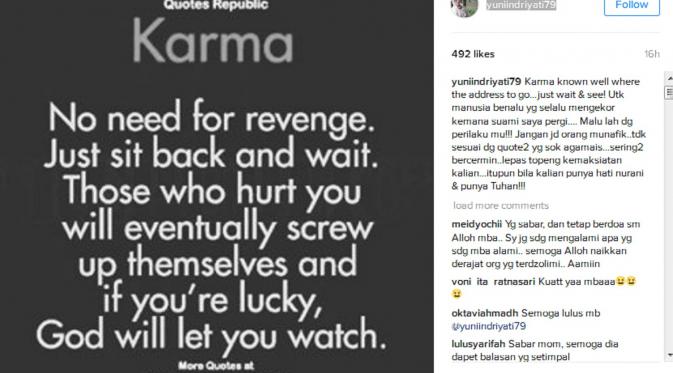Postingan istri Donny Kesuma yang kesal karena dengan perangai sang suami. (Instagram/yuniindriyati79)
