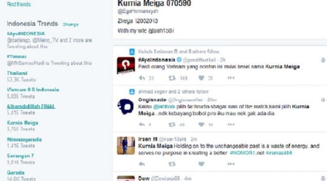 Semua tagar mengenai Timnas Indonesia terpampang di trending topic Twitter. (Twitter)