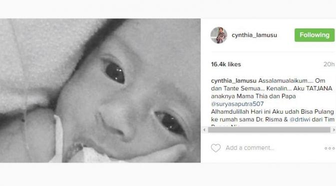 Salah satu anak kembar Cynthia Lamusu dan Surya Saputra sudah diperbolehkan pulang.