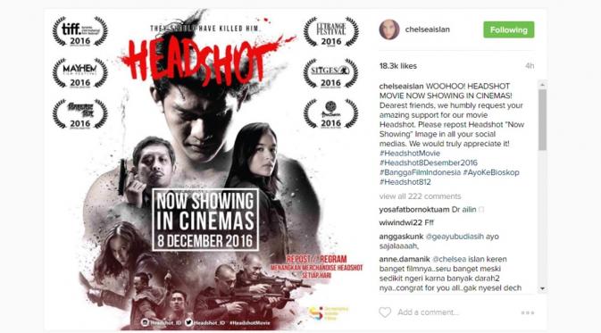 Postingan Chelsea Islan soal perilisan film Headshot di Instagram. (Instagram/chelseaislan)