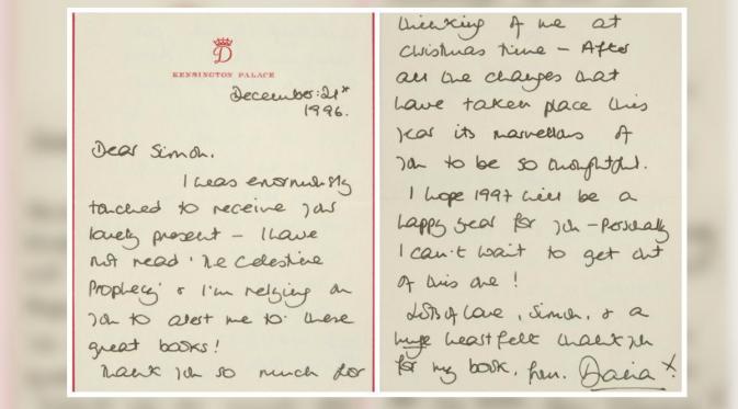 Surat Putri Diana untuk sahabatnya Simon Barnes (RR Auction)