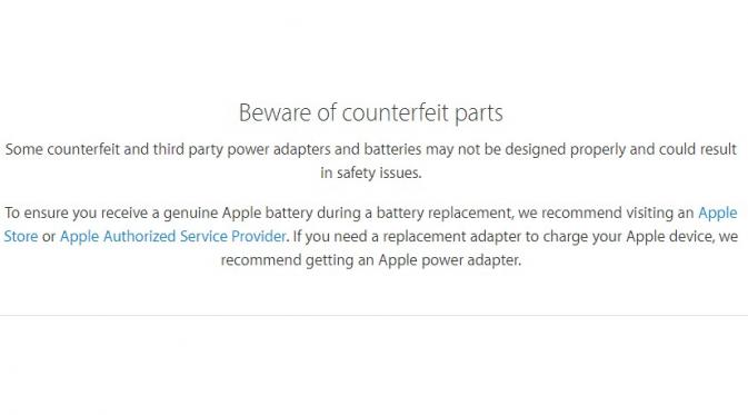 Inilah bunyi peringatan Apple agar konsumen menyetop penggunaan charger palsu (Sumber: laman Apple Support)