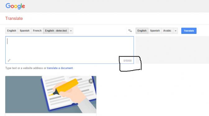 Google kini membatasi jumlah huruf yang bisa diterjemahkan di Google Translate hanya 5.000 karakter saja. (Sumber: Screenshot)