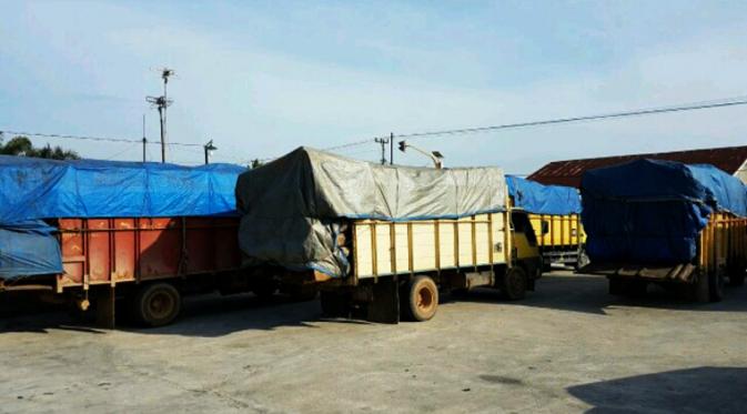 Polda Riau menyita 34 ton kayu dan enam truk bermuatan kayu hasil pembalakan liar. (/M Syukur)