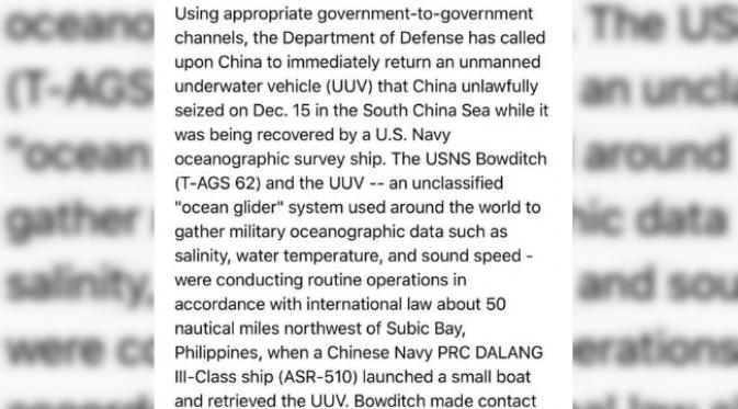 Pihak Pentagon menuntut China untuk mengembalikan wahana nirawak bawah air yang dianggap diambil secara tidak sah. (Sumber @PentagonPresSec)