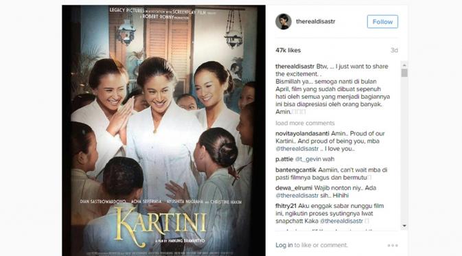 Dian Sastrowardoyo mengunggah poster film Kartini di Instagram pribadi. (Instagram/therealdisastr)