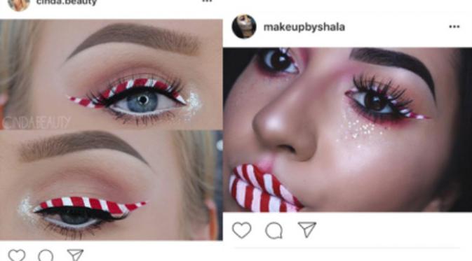 Inspirasi makeup Candy Cane Liner untuk pesta akhir tahun.