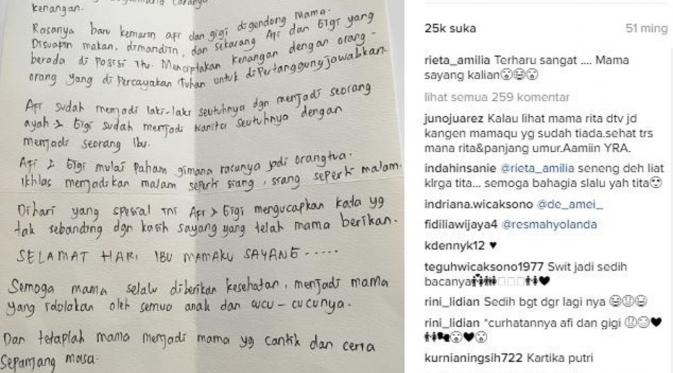 Surat Raffi Ahmad untuk ibunda Nagita Slavina. (Instagram/rieta_amilia)