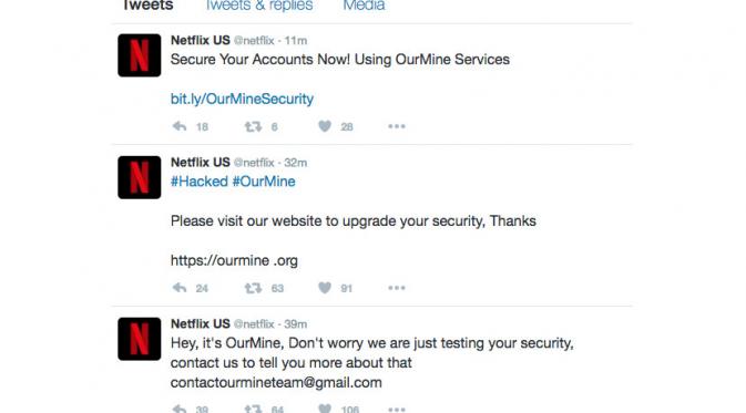 Akun Twitter milik Netflix diretas oleh hacker yang menamakan diri sebagai OurMine (Sumber: Ubergizmo)