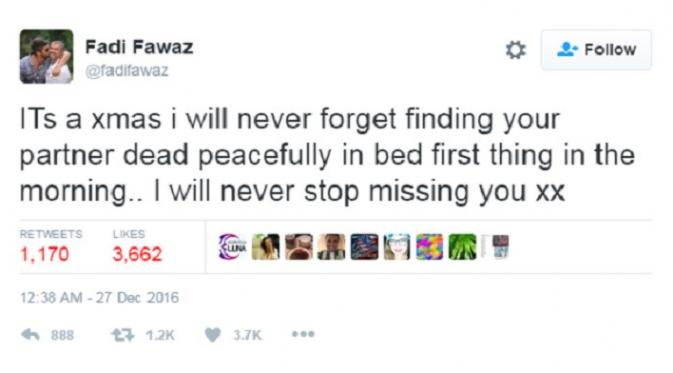 Ungkapan duka Fadi Fawaz setelah George Michael meninggal dunia. (via. Twitter)