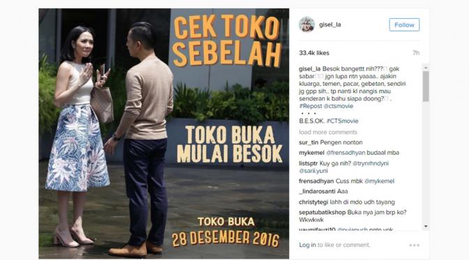 Gisel tidak sabar menanti film Cek Toko Sebelah rilis. (Instagram/gisel_la)