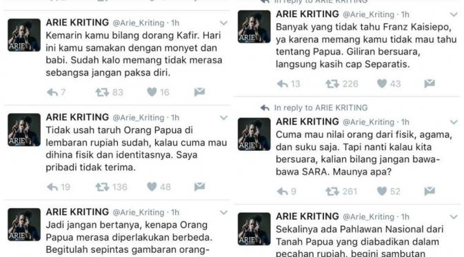 Postingan Arie Kriting yang menyindir beberapa netizen yang dianggap terkesan melecehkan pahlawan Nasional Frans Kaisiepo. (Twitter)