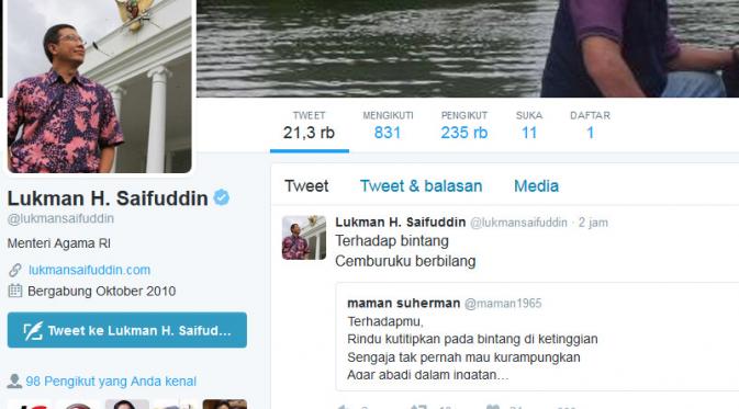Akun twitter Menteri Agama Lukman Hakim kerap memposting kata-kata mutiara dan anjuran unutk berbuat kebaikan