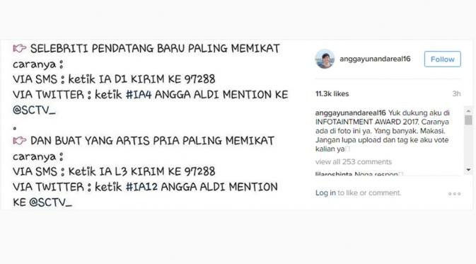 Angga Aldi meminta dukungan di Infotainment Awards 2017. (Instagram/anggayunandareal16)