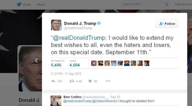 Isi cuitan Donald Trump pada 11 September 2013 (Twitter)